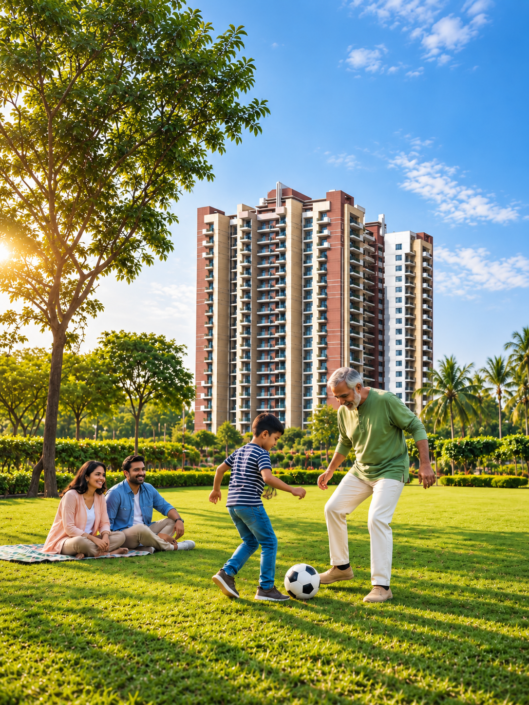 Family enjoying the open greens at Skytech Colours Avenue