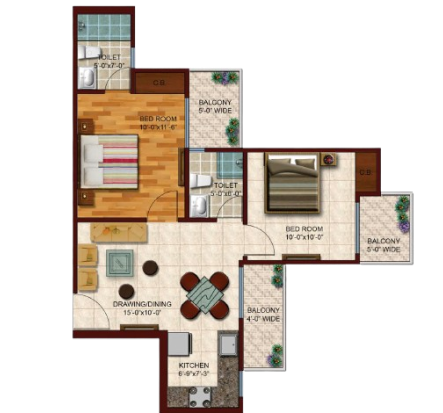 2 BHK 870 sq.ft. Floor Plan
