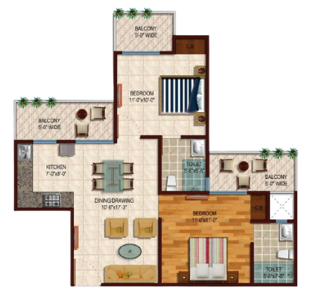 2 BHK 1,020 sq.ft. Floor Plan