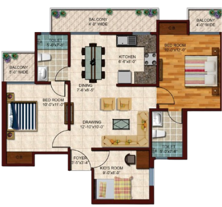 3 BHK 1,160 sq.ft. Floor Plan