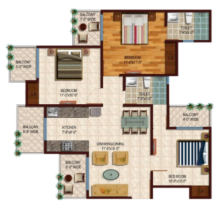 3 BHK 1,240 sq.ft. Floor Plan