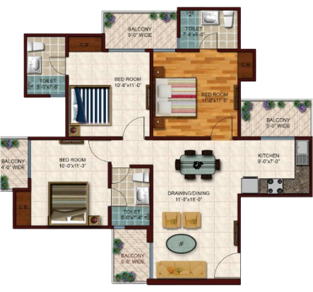3 BHK 1,350 sq.ft. Floor Plan